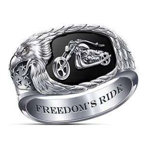 Stainless steel men's motorcycle ring featuring a sculpted chopper on black onyx